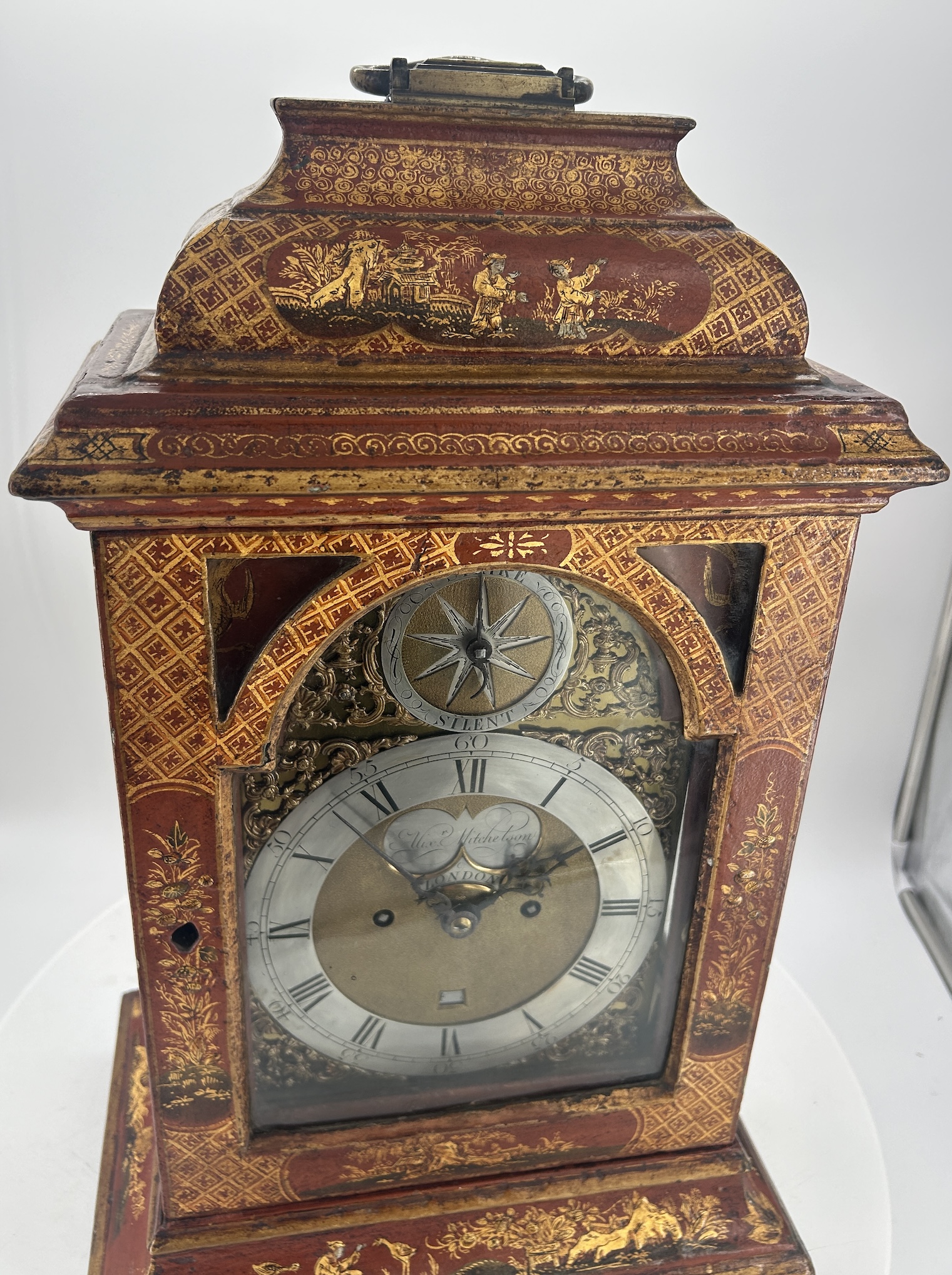 Outstanding Red Chinoiserie English Verge Twin Fusee Bracket Clock – Ca 1760 twin fusee Antique Clocks 22